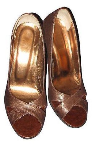 Designer Classic Bronze Elegant Open Toe High Heel Real Leather Shoes Sz US 6
