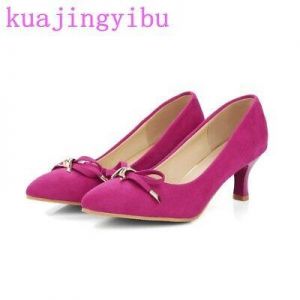 Chic womens pointy toe suede leather mid block heels shoes metal bowknot decor