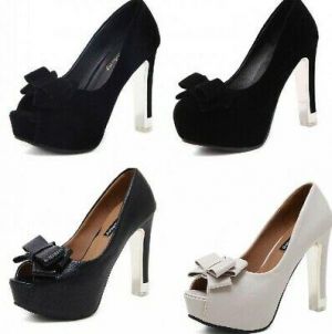 Womens Platform Bowknot Decor Slip On Peep Toe High Block Heel Shoes Casual Chic