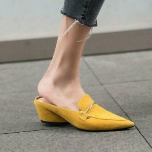 Chic Womens Suede Metal Decor Pointy Toe Block Heel Shoes Casual Mules Slippers