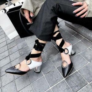 Fashion Women Pointy Toe Block Heels Lace up Shoes Chic Metal Decor Sandals