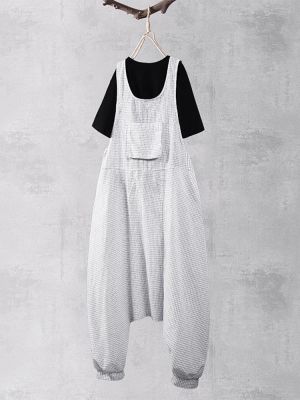 Women Sleeveless Plaid Drop Crotch Loose Harem Pants Overalls Jumpsuit
