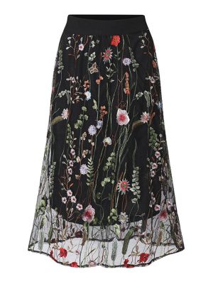 Bohemian Women Black Elastic Waist Floral Embroidered Mesh A-Line Midi Skirts