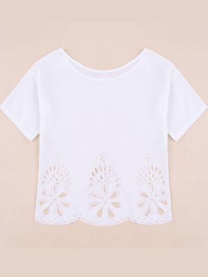 Women Casual White Short Sleeve Floral Hollow Hem Loose Chiffon T Shirt Blouse