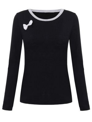Casual Women O Neck Solid Long Sleeve Bow Patchwork Slim T-Shirt