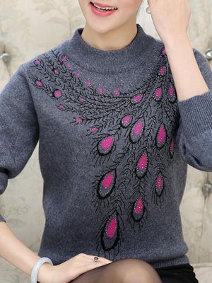 Casual Women Feather Pattern Long Sleeve Crew Neck Sweater