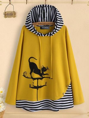 Cartoon Cat Stripe Patchwork Long Sleeve Hoodie Sweatshirt For Women