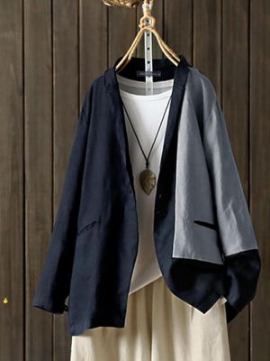 Women Long Sleeve Turn Down Collar Color Patchwork Open Front Coat Blazers