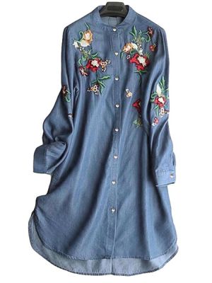 Women Embroidery Loose Turn-Down Collar Long Sleeve T-Shirts