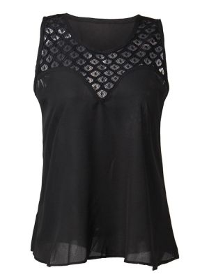 Sexy Women Black Sleeveless Crochet Patchwork Hollow Tank Top