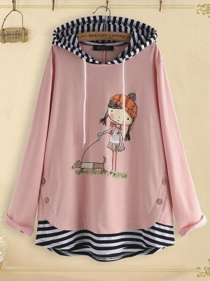 Cartoon Print Side Button Stripe Patchwork Long Sleeve Hoodie Sweatshirt