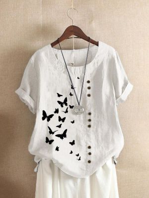 Butterflies Print Button Short Sleeve Casual T-shirts For Women