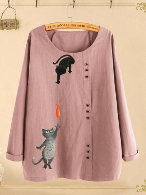 Button Cartoon Cat Print O-neck Casual Blouse Shirts
