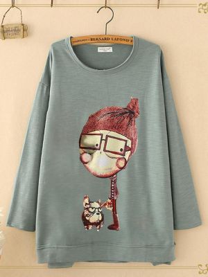 Vintage Print Cartoon Long Sleeve Crew Neck T-Shirts