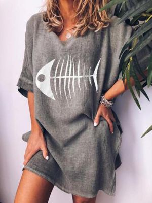 Fish Bone Splited Short Sleeve T-shirt Dress