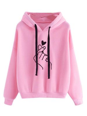 Print Love Drawstring Hooded Casual Sweatshirt For Women