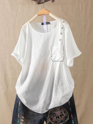 Women Solid Color Button Short Sleeve Pocket T-shirts
