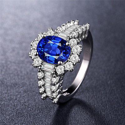 Bargain sales 925 Silver Jewelry Elegant Oval Cut Blue Sapphire Women Wedding Ring Size 6-10