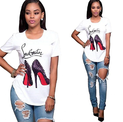 Bargain sales Women White T Shirt Tops Fashion High Heel Shoes Letter Print Summer Louboutin