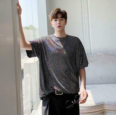 Bargain sales Men's Fashion Round Collar Short Sleeve Shine T-shirt Youth Party Bar Loose Tee