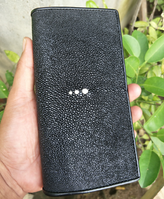 Bargain sales Long Wallet Men's Stingray Skin Black Leather Genuine Bifold