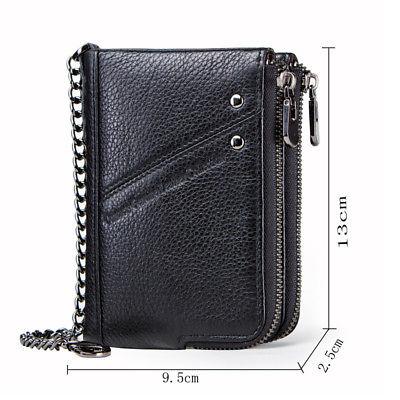 Bargain sales RFID Steel Chain Men's Genuine Leather Double Zipper Wallet Hi-Q Card Holder