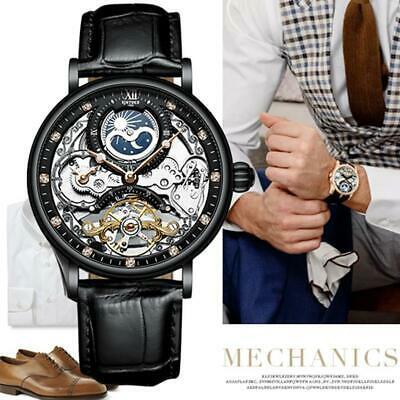 Bargain sales Mens Dual Time Flywheel Leather Luxury Skeleton Automatic Mechanical Watch