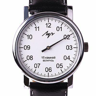 Bargain sales One Hand Luch Mechanical Wristwatch Men's leather Vintage White 77471146 RUS