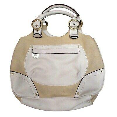 Bargain sales Isaac Mizrahi Womens Beige White Canvas Faux Leather Purse Handbag Bag Medium