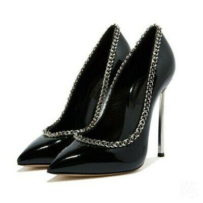Bargain sales Metal Chain Decor Pointy Toe Slip On Womens Shoes High Stiletto Heel Wedding New