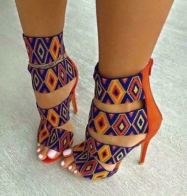 Bargain sales Strappy Women's Sandal Shoes Printing Stiletto Open Toe Cut Out Roman Bohemia OL