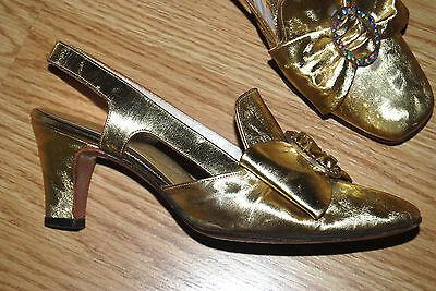Bargain sales vintage GOLD LAME Princess crystals slingback bow pumps slipper Court shoes 4 5