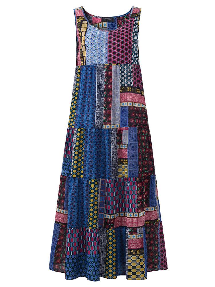 Bargain sales Women Bohemian Sleeveless Patchwork O-Neck Maxi Tank Dress