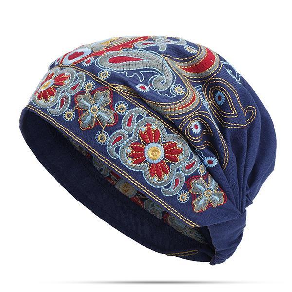 Bargain sales Women Navy Vintage Beanie Hat Ethnic Embroidery Flowers Slouch Cotton Skullcap Cap