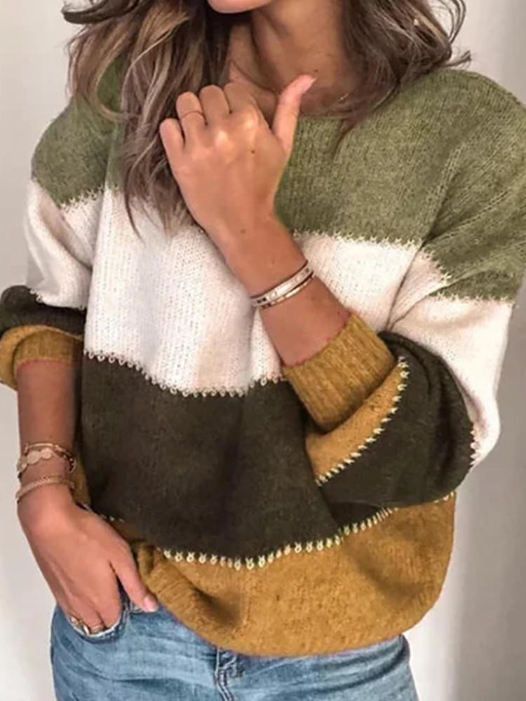 Bargain sales Women Casual Striped Color-Block O-Neck Long Sleeve Sweaters