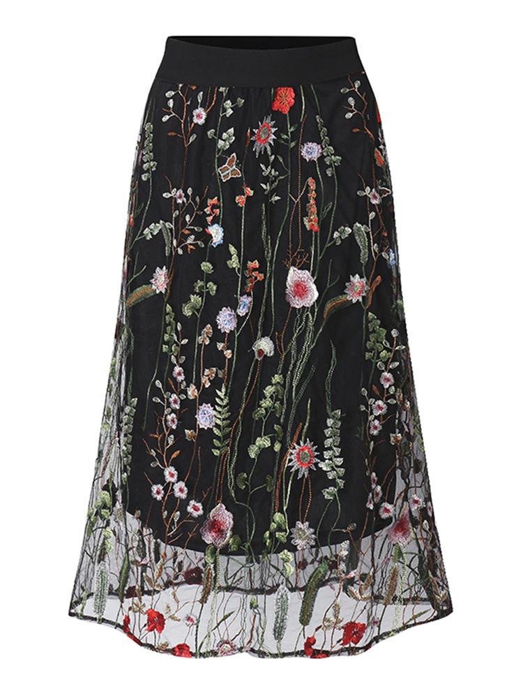 Bargain sales Bohemian Women Black Elastic Waist Floral Embroidered Mesh A-Line Midi Skirts