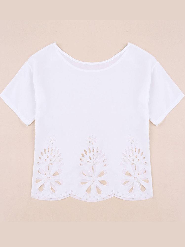 Bargain sales Women Casual White Short Sleeve Floral Hollow Hem Loose Chiffon T Shirt Blouse