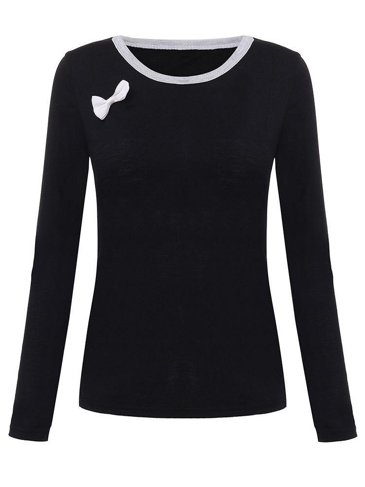 Bargain sales Casual Women O Neck Solid Long Sleeve Bow Patchwork Slim T-Shirt