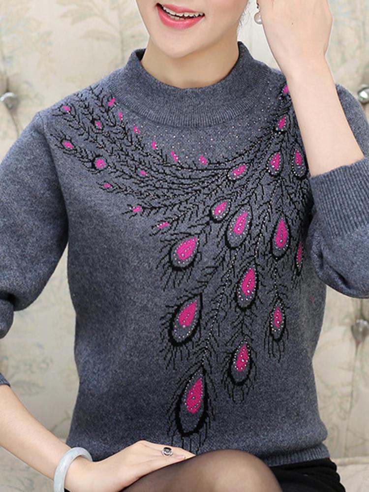 Bargain sales Casual Women Feather Pattern Long Sleeve Crew Neck Sweater