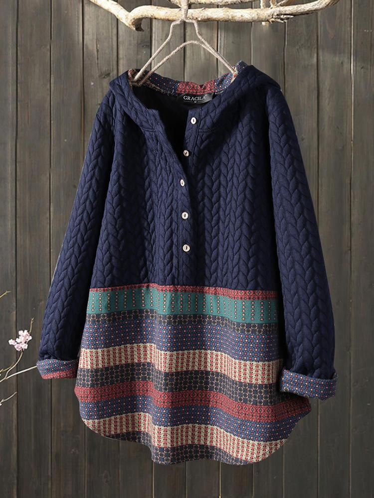 Bargain sales Vintage Jacquard Patch Print Long Sleeve Button Sweatshirt Hoodie