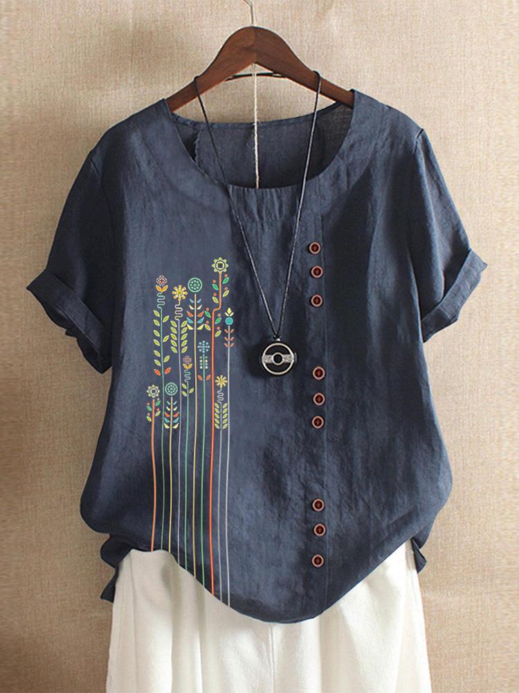 Bargain sales Bohemian Print Button Crew Neck Short Sleeve T-Shirts