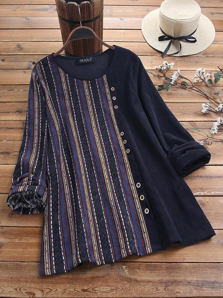 Bargain sales Corduroy Stripe Print Patchwork Long Sleeve Vintage Blouse