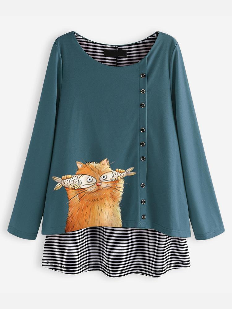 Bargain sales Cartoon Cat Stripe O-neck Long Sleeve Button Blouse