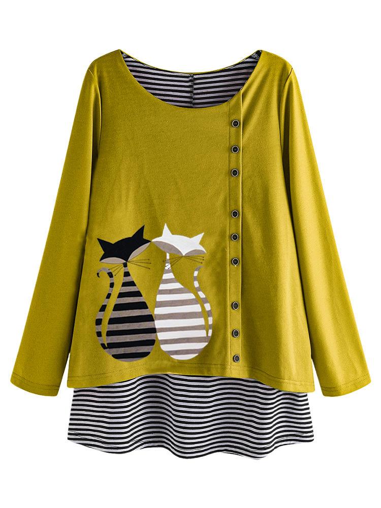 Bargain sales Stripe Cartoon Cat Print Patchwork Long Sleeve Blouse