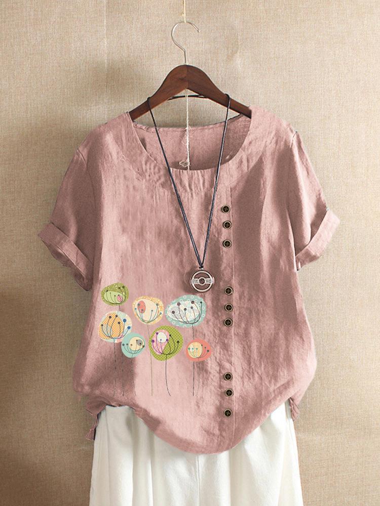Bargain sales Button Cartoon Floral Print Short Sleeve Casual T-shirts