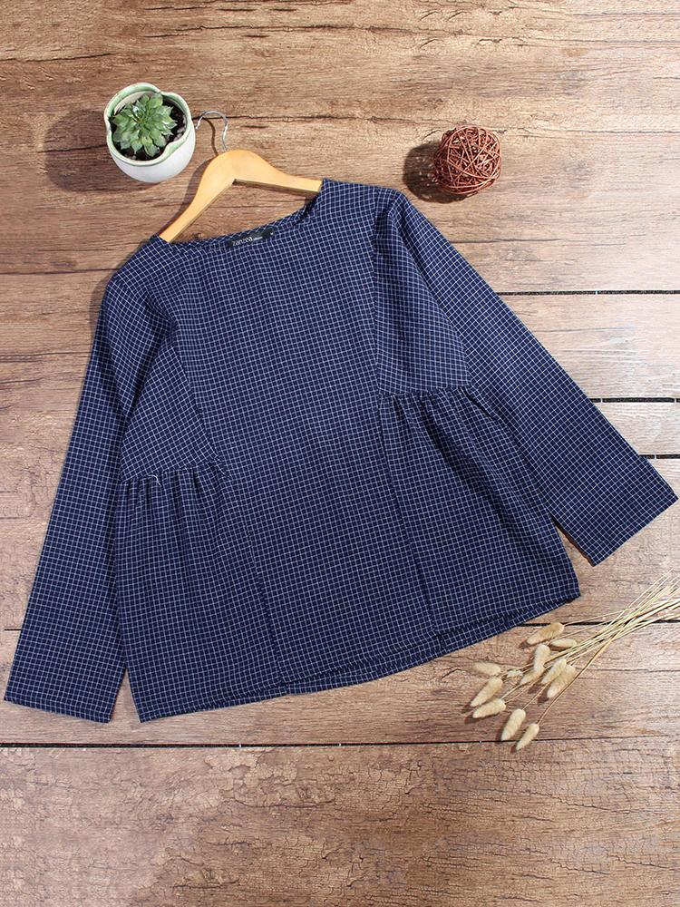 Bargain sales Women Vintage Long Sleeve Crewneck Plaid Loose Blouse