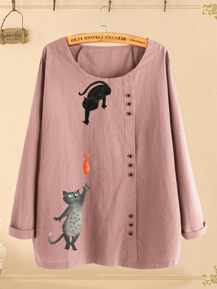 Bargain sales Button Cartoon Cat Print O-neck Casual Blouse Shirts