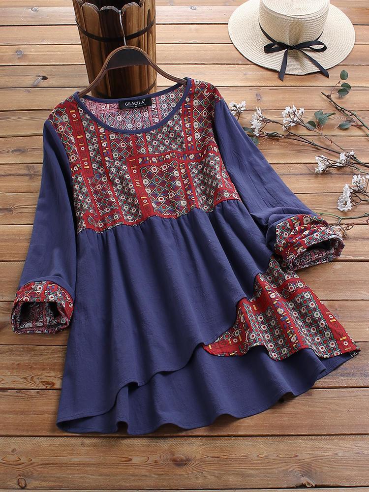 Bargain sales Ethnic Print Patchwork Long Sleeve High Low Vintage Blouse