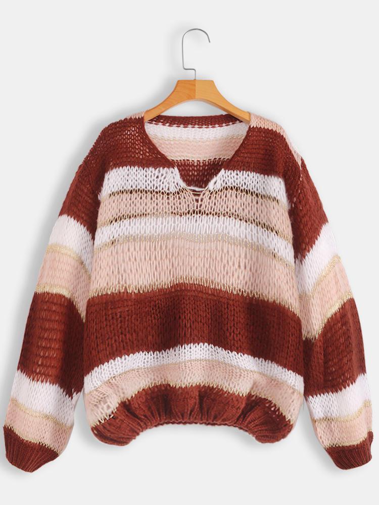 Bargain sales Women Casual Striped V-neck Sweaters