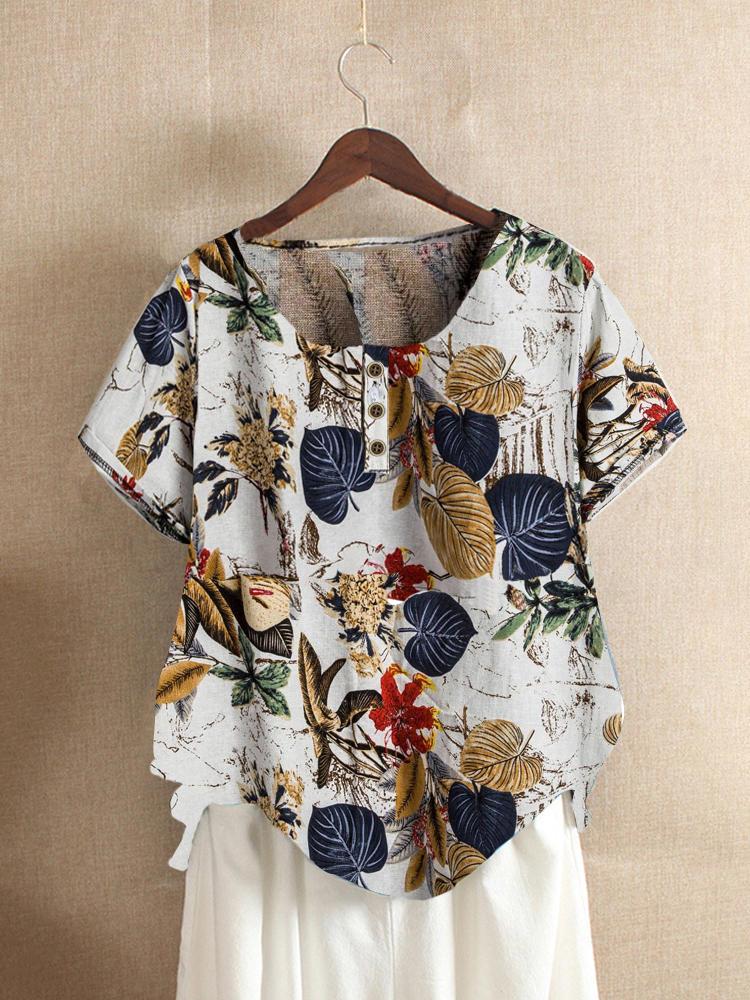 Bargain sales Button Leaves Print Short Sleeve Summer Vintage T-shirts